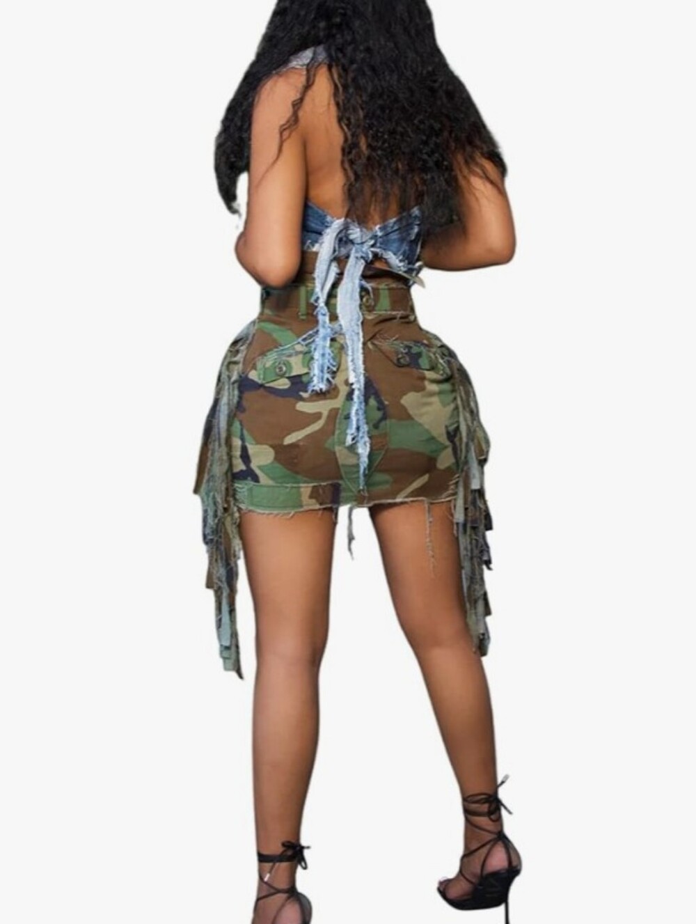 NWT Micas Camo Cargo Button & Tassel Fringe Raw Edge Army Mini Skirt - Picture 6 of 10